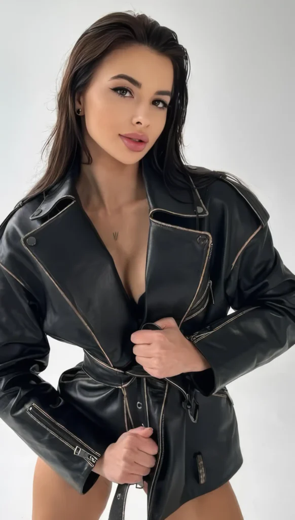 Daniela, escort in Amsterdam, in een stijlvolle outfit met een leren jas