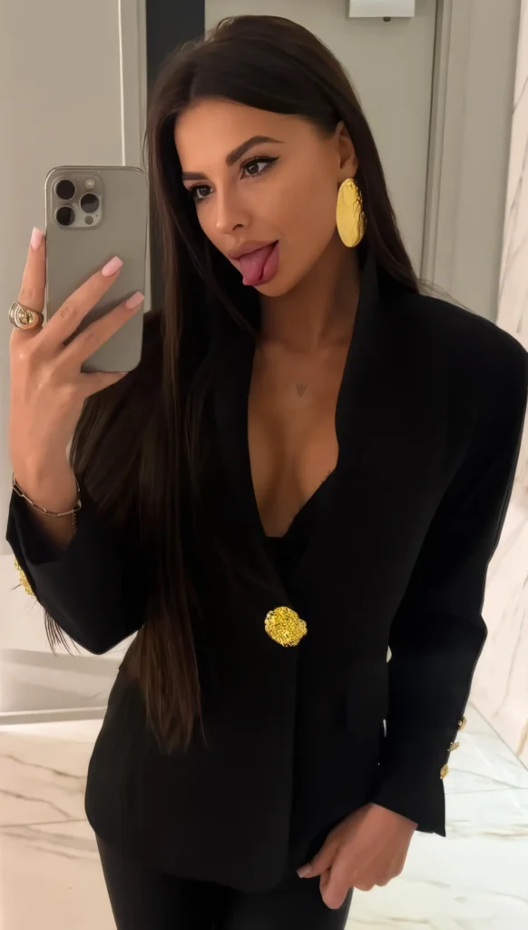 Daniela, zelfstandige escort, neemt een spiegelselfie in een zwarte outfit in Amsterdam