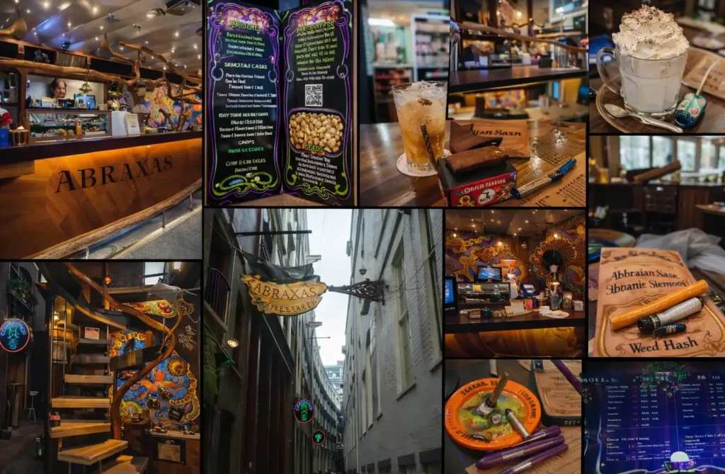 Het interieur van Coffeeshop Abraxas met een artistiek houten ontwerp en unieke decoraties in Amsterdam