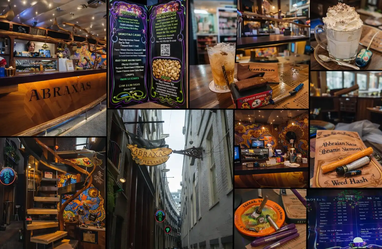 Het interieur van Coffeeshop Abraxas met een artistiek houten ontwerp en unieke decoraties in Amsterdam